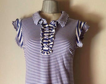 Blue 90's vintage ruffled, flouncy Marinera dress in nautical, sailors style with white & blue stripes. A bit loose and comfy