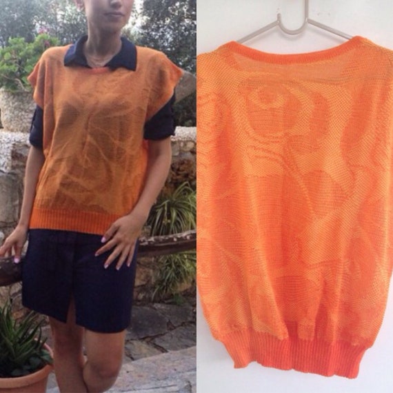 80's Original Vintage Sweet Orange Knit Top With Beautiful
