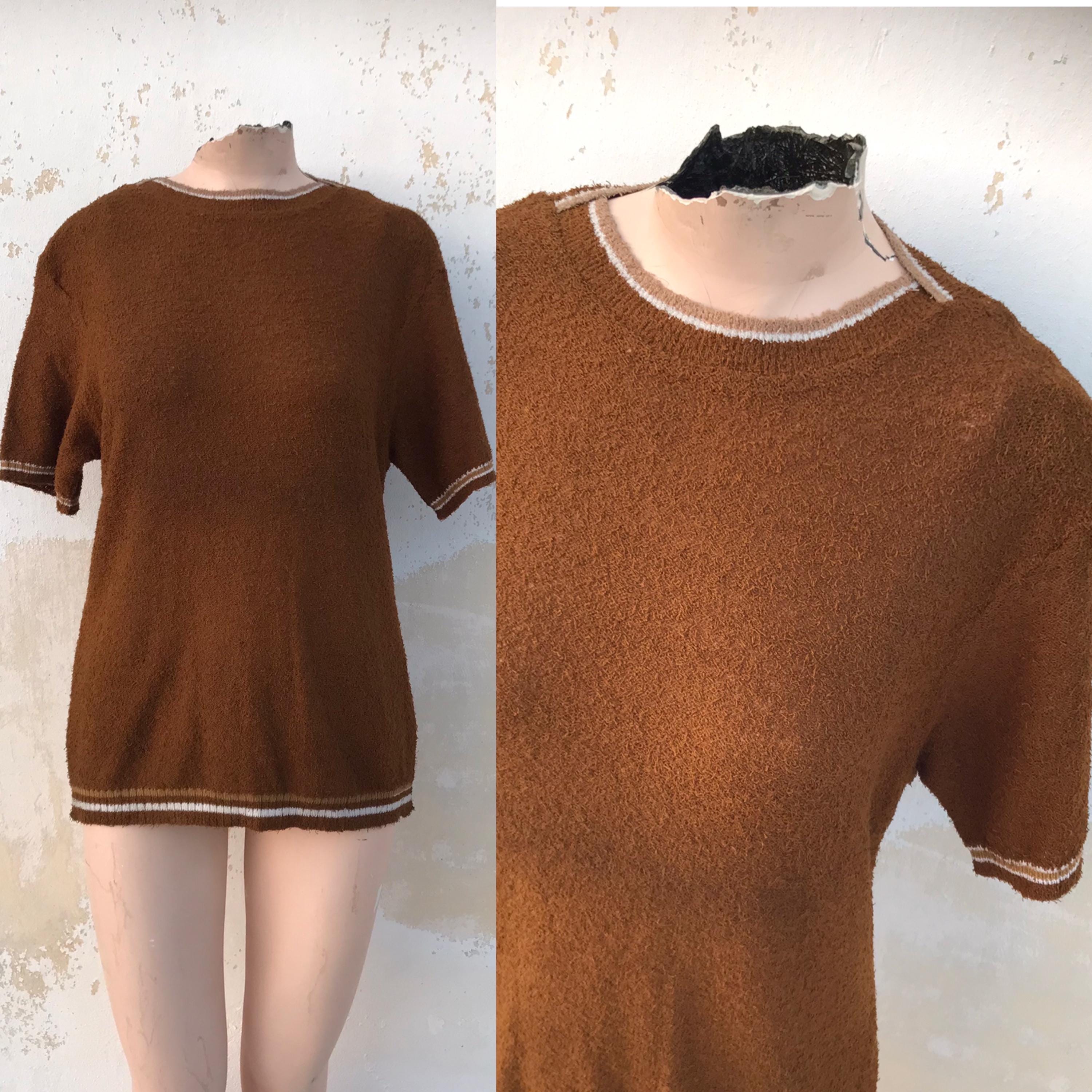 70s vintage golden brown cute terry cloth blouse in sporty, old school style, with striped crew collars