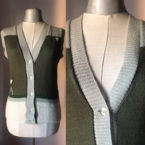 70s vintage woolen olive green and light pistachio green colorblock, old school buttoned vest by Parvilla Finland