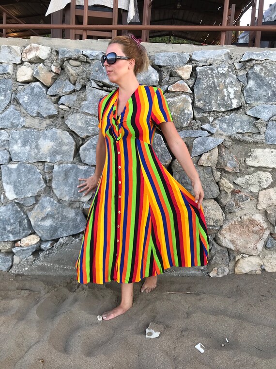 Long Colorful Multiple Striped Sun Dress, 90s Does 70s Boho