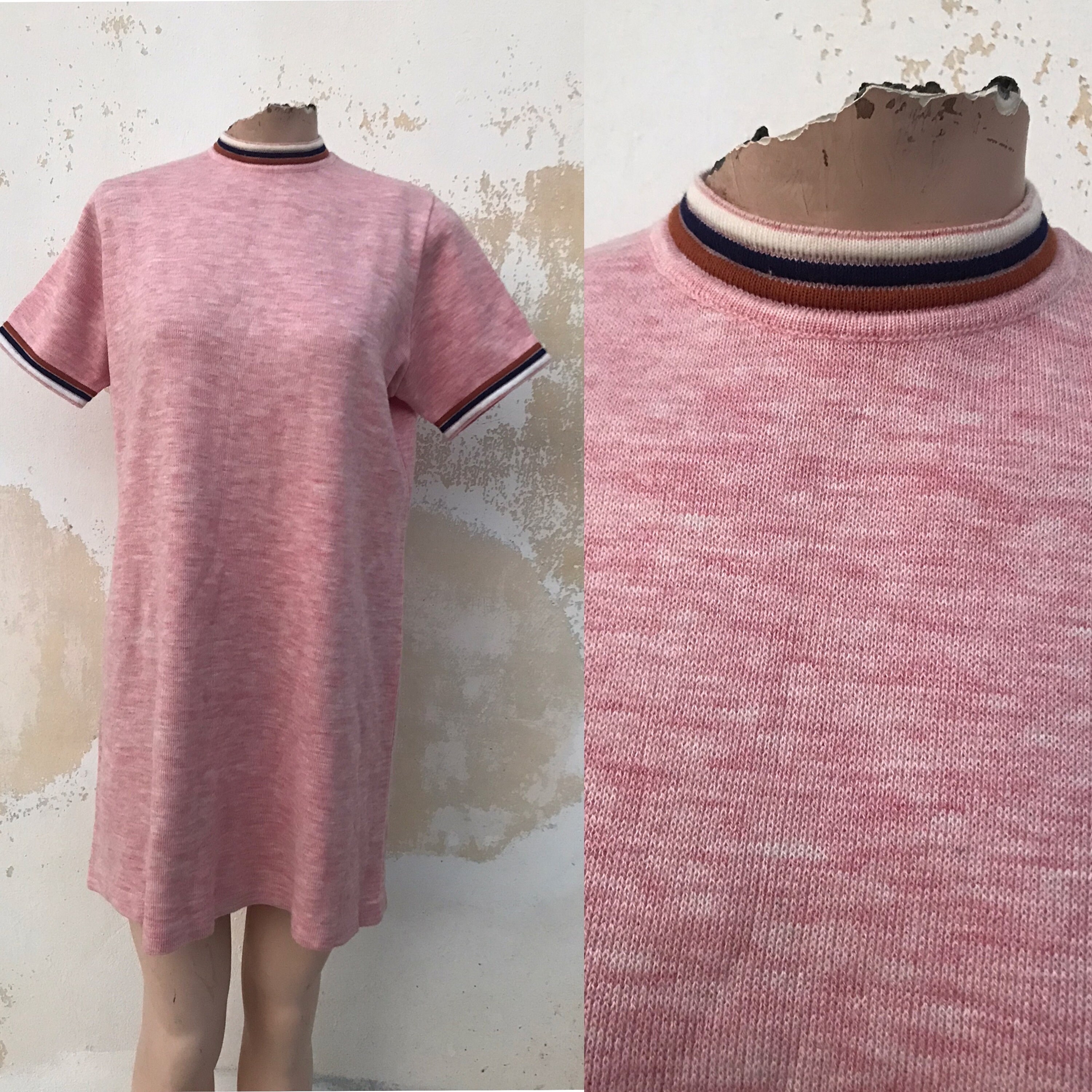 Carnation pink woolen mini 70s vntg dress in straight line featuring ringer neckline and sleeves, plus keyhole back closure. Toooo cute