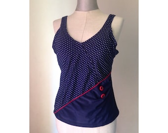 Pin up tank top in polka dot retro style 90s does 50s nautical sailor style in navy blue and red details. Can be worn as a swimsuit too