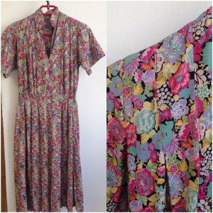 Long 70s/80s floral peasant, preppy pleated dress with short sleeves, mao collars in red, teal blue and yellow floral design