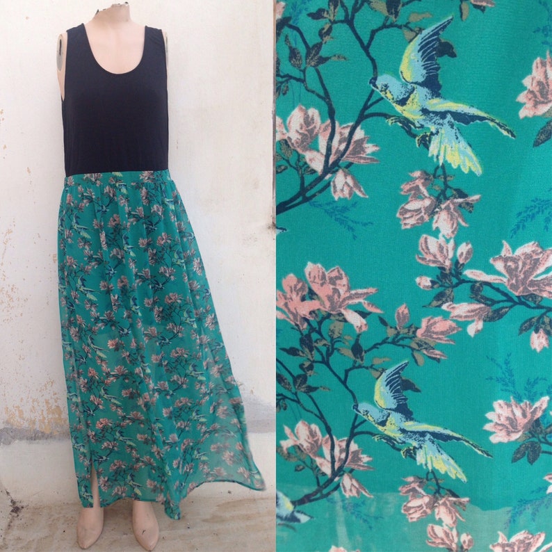 XL size maxi summer dress from 1990 featuring black body and a wonderful full maxi skirt in bluegreen teal color with floral /& bird pattern