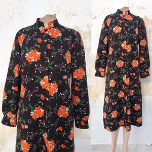 Asian, Cheongsam styled chocolate brown straight line, 70s vintage robe/dress feat orange beige floral prints & Mao collars