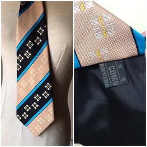 70's beige/blue diagonal striped/squares designs Trevira wide, groovy necktie by Commodore