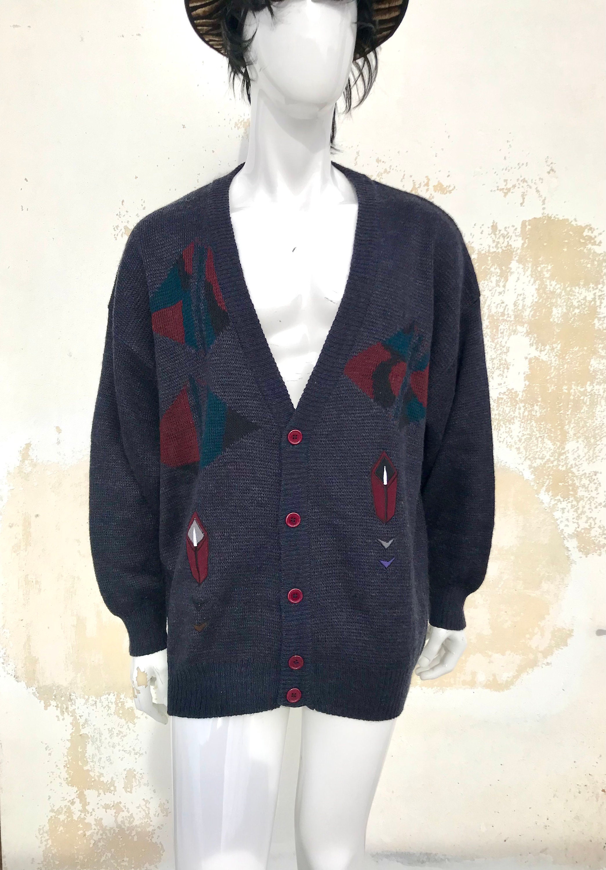Men's 80s Vintage Buttoned Cardigan/pullover Features Geometric