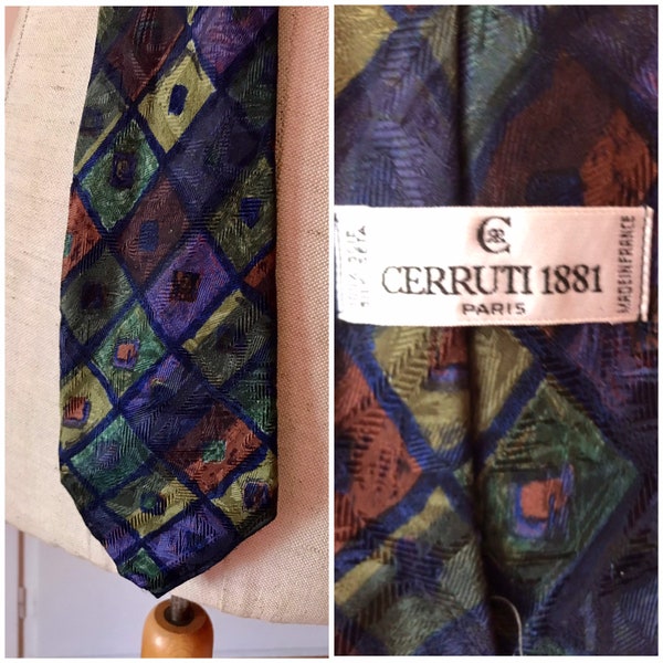 Cerruti 1881 rhombus 80s necktie in dark coloring of dark blue, green, mustard yellow, crimson red. all silk made