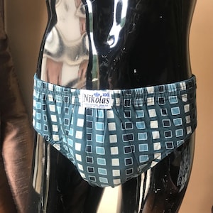 Geometric square printed underwear for men, 80s vintage, kitschy cute men’s briefs in petrol green, Made in Greece