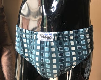 Geometric square printed underwear for men, 80s vintage, kitschy cute men’s briefs in petrol green, Made in Greece