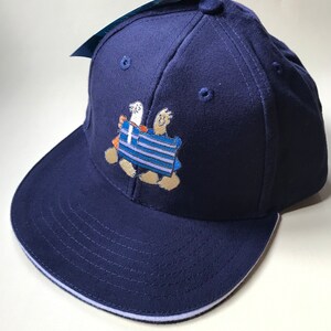 Puede incluir: Una gorra de b&eacute;isbol azul marino con visera blanca. La gorra presenta un dise&ntilde;o bordado de dos ping&uuml;inos sosteniendo una bandera griega.