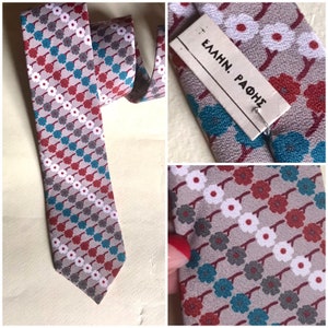 80er Jahre Vintage Krawatte in beige, ziegelrot und petrolblau, made in Griechenland