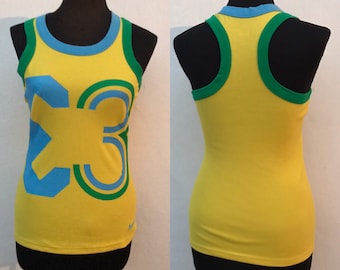 Nike yellow tank top with blue/green detailing, 33 digits, racer back, stretchy, fitted Y2K's vintage top