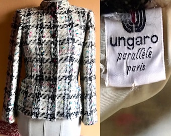 Impresionante blazer Ungaro de los años 80 con textura de lana, tweed y bouclé para mujer, con diseño a cuadros y combinaciones de colores increíbles con detalles fluorescentes