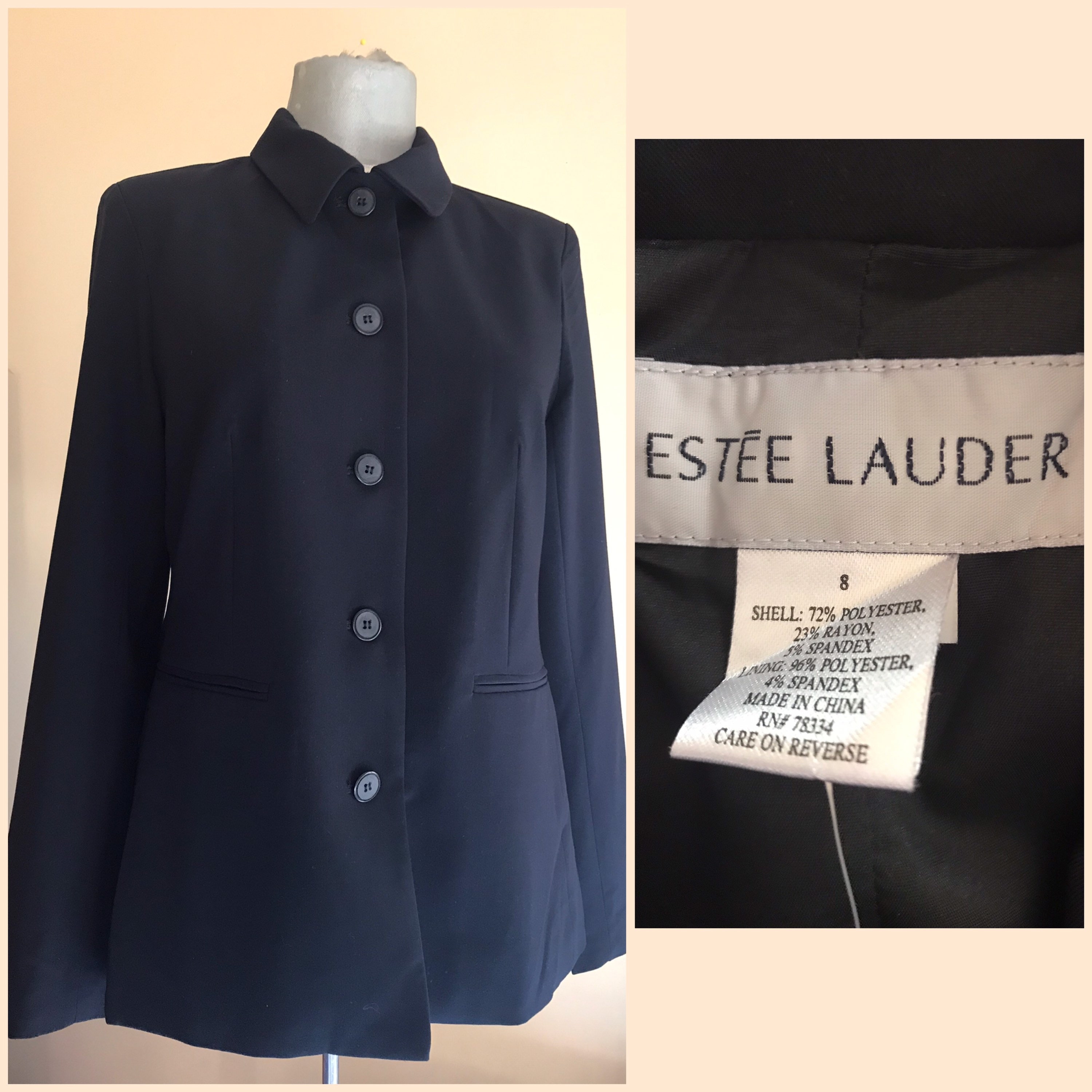 Estēe Lauder classic cut women’s dark blue jacket made by sturdy Teflon fabric. Shoulder padded, early 00s vintage