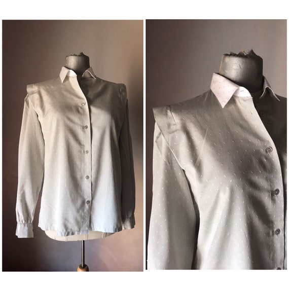 Silver gray 80s vintage buttoned shirt with contr… - image 1