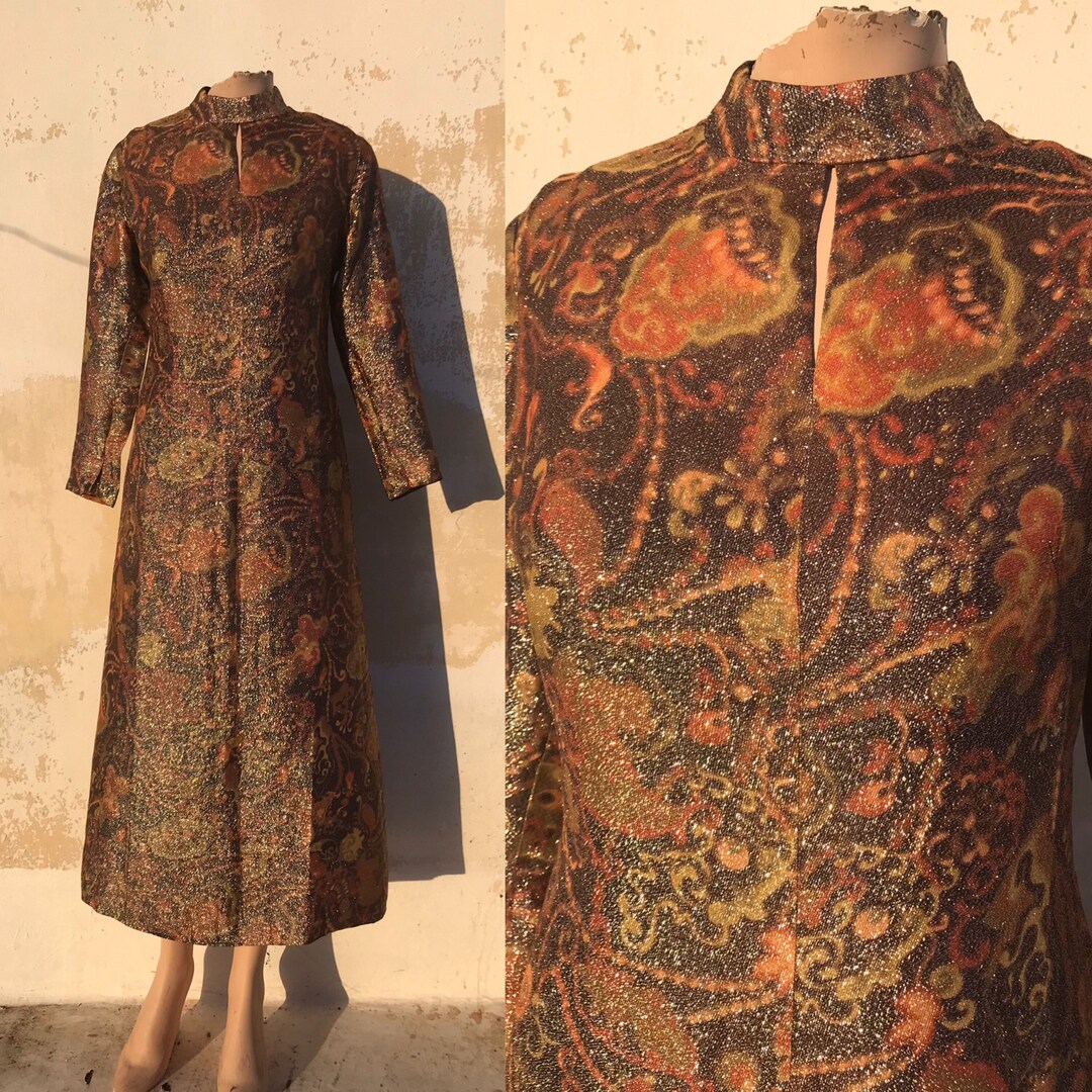 Keyhole Trippy 70's Long Golden/brown Sparkly Gown With Band Collars, Keyhole Neckline ...