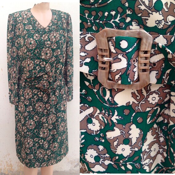 70s or 80s forest green/brown preppy beige dress … - image 1