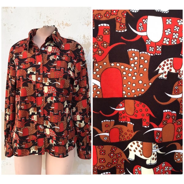 Mod, groovy, funky, 1960s/70s vintage lucky elephant printed buttoned blouse with pointed collars in orange/brown hues