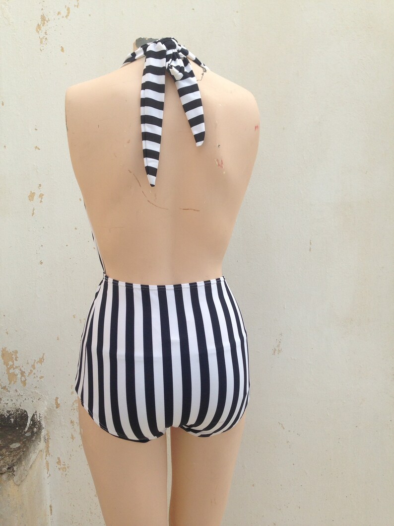 Navy style one piece black and white striped retro swimsuit high waisted 90s does 50s vintage pin-up backless swimwear