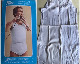 70s white tank top for men found sealed in its box, retro classic underwear for men, unused, made in Greece
