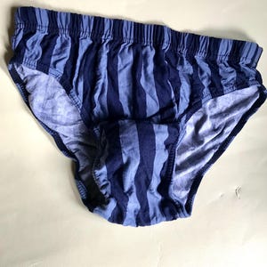 Thick vertical striped printed underwear for men, 80s vintage all cotton, men’s briefs in blue/gray. Brand new, dead stock, XL size