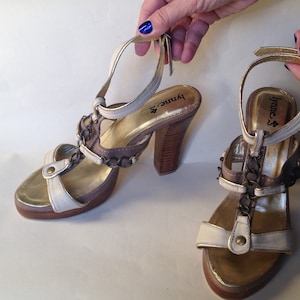 Beige high heeled sandals with adjustable ankle strap and brown thick wooden soles & heels, gladiator style Eur 37 / USA 6.5 / U.K. 4
