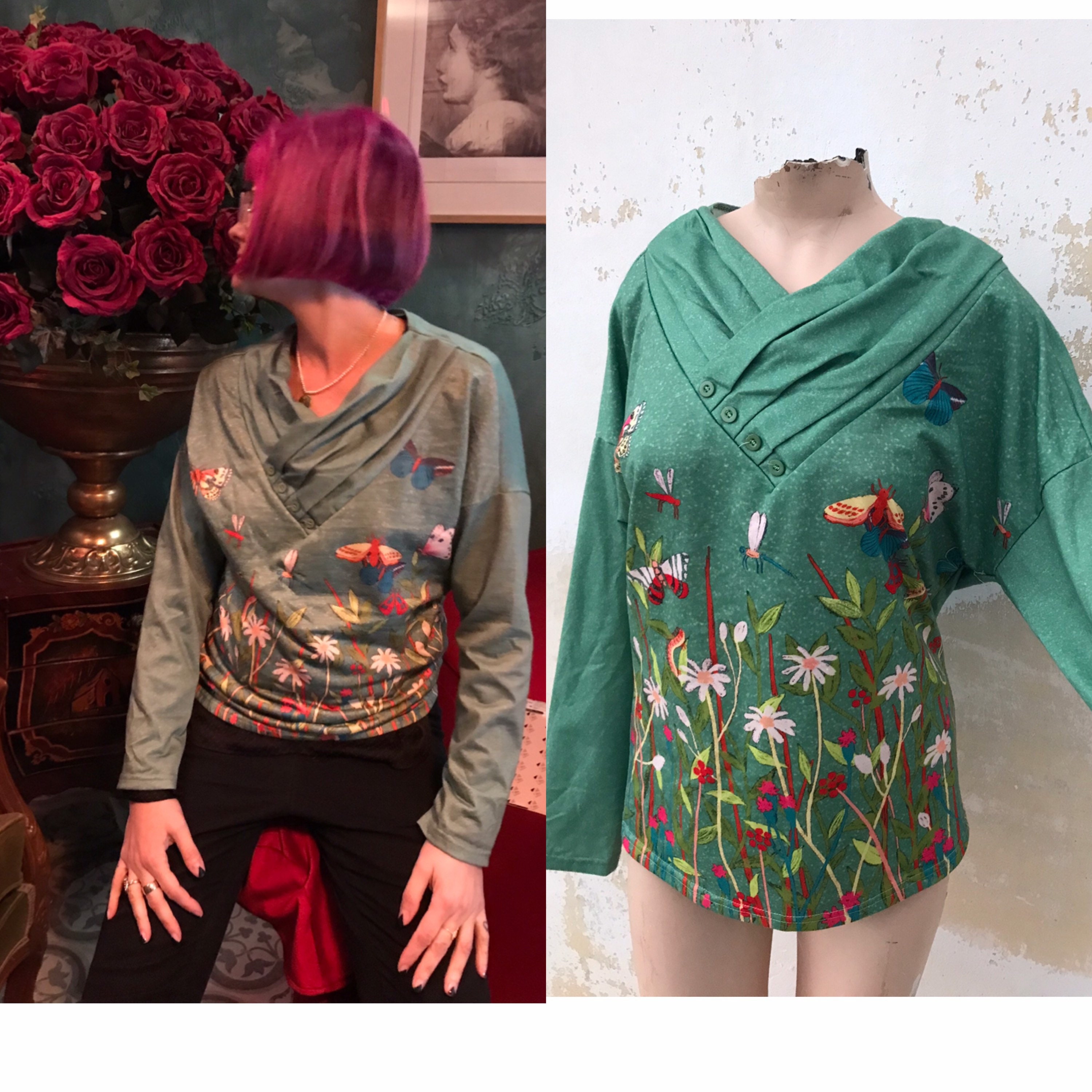 Green blouse features lush floral prints and insects. Intricate pleated V-neckline and long sleeves, 90s vintage