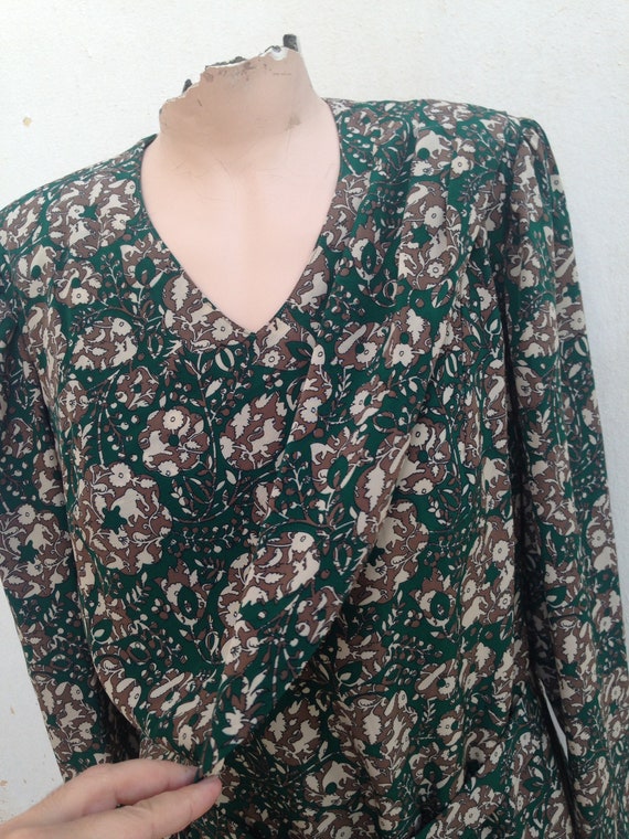 70s or 80s forest green/brown preppy beige dress … - image 2