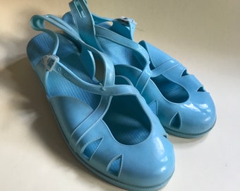 Baby blue plastic/jelly shoes for women with novelty criss cross design true 70’s vintage, made in Greece, Size 38 Eur/ 5 UK / 7 USA