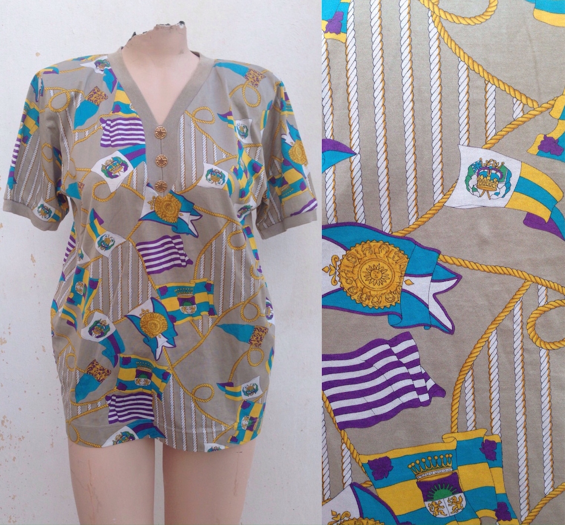 1980s Jeweled High Fashion Face T Shirt | S/M