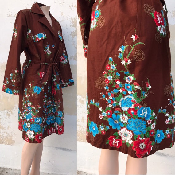 Asian, Cheongsam styled chocolate brown belted ro… - image 1