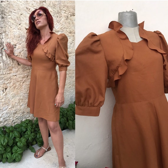 Camel brown stunning midi 70's vintage dress with ruffled details, full sleeves & A-line flared skirt