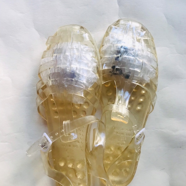 Light yellow clear jelly shoes for men or young boys with buckle closure 90’s vintage/ Size 46 Eur- 14 USA  - 12 UK