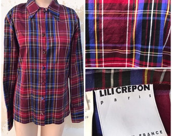 All silk plaid 80s vintage long sleeved shirt in crimson red and blue by Lili Crepon, Paris