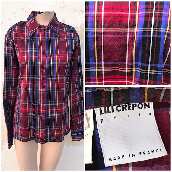 All silk plaid 80s vintage long sleeved shirt in crimson red and blue by Lili Crepon, Paris