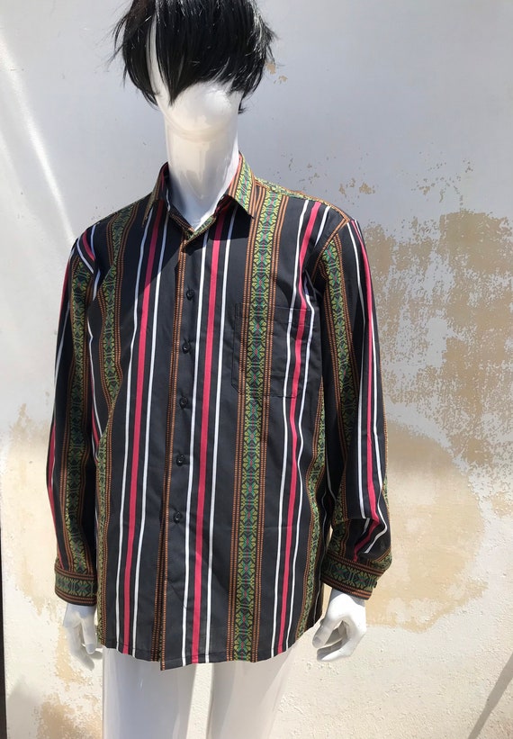 Men's 70s Vintage Woven, Colorful Shirt Features Striped & Tribal ...