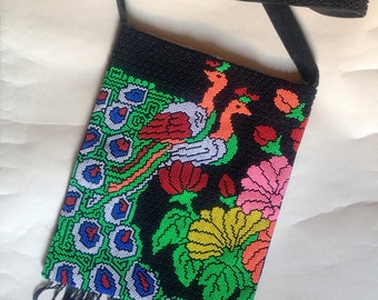 70s vintage stunning peacocks and flowers beaded squared cross body fabric tote bag in vibrant rainbow colors