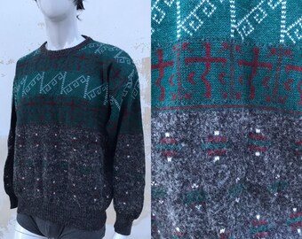 Anthrax gray/cypress green 80s vintage mens retro geometric patterned knitted chunky sweater/pullover