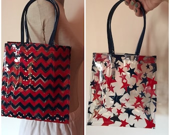 Two plastic clear tote bags for you to choose : red/blue stars USA patriotic or see through red/blue zig zag tote bag, 90s vntg by Sears