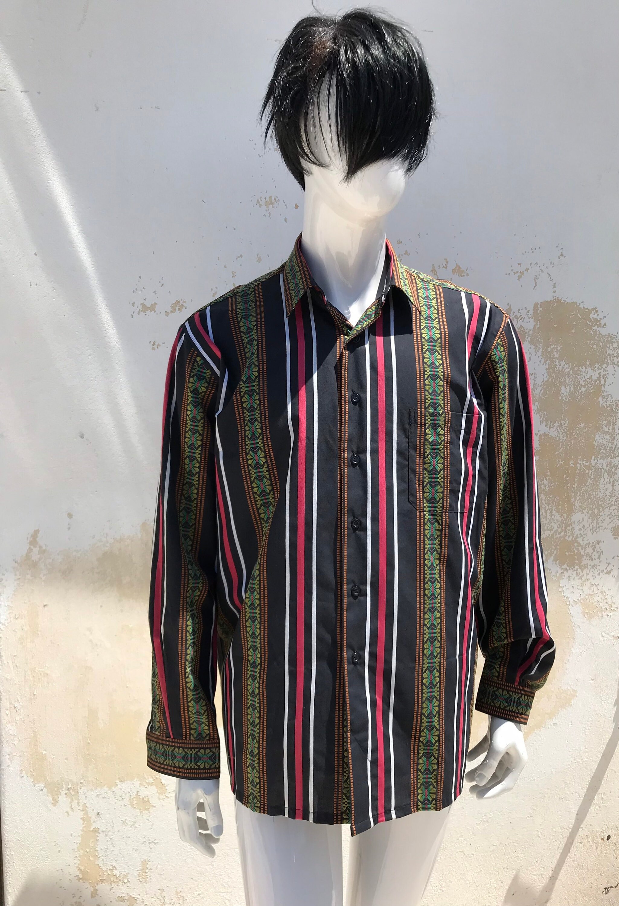 Men's 70s Vintage Woven, Colorful Shirt Features Striped