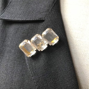 80s vintage three in a row big crystals brooch, clear faux diamanté, big rhinestone brooch pin, cocktail brooch