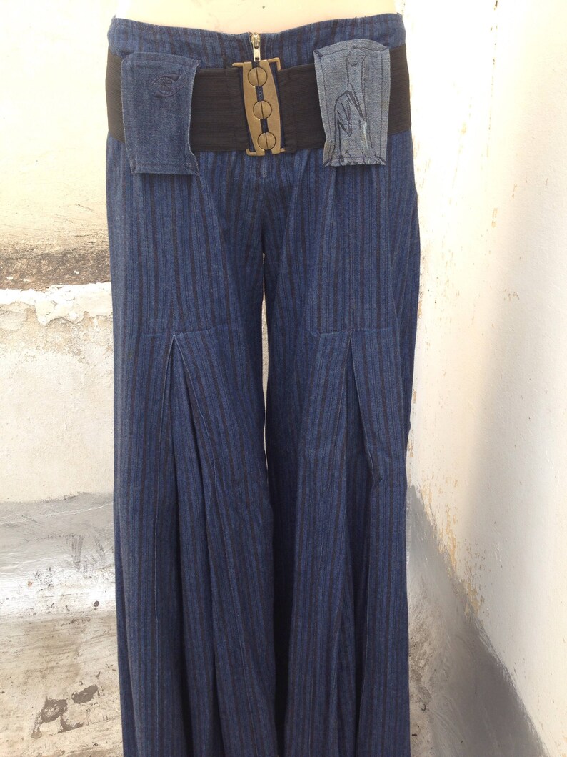 Wide leg striped pleated denim pants in gaucho style 90/'s vintage pretty novelty low waist maxi pants Along with wide elasticated belt