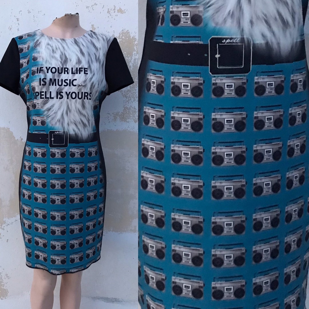 Boombox Printed Straight Line, Mini/midi Dress, in Petrol Blue, Gray