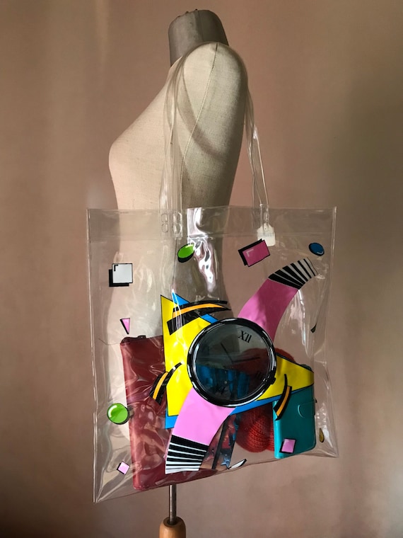 Memphis Styled 80s Vntg Plastic Clear Tote Bag With Cool