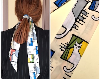 Cat prints, novelty skinny, slim, thin, hair, necktie, double sided scarf, 90s vintage