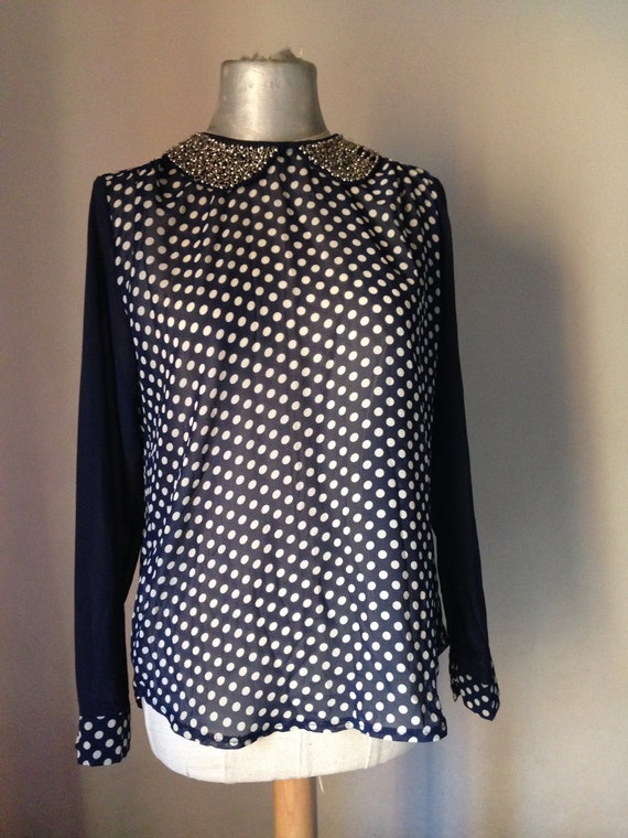 Blue amazing polka dot sheer long blouse featurin… - image 9