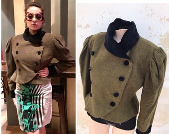 Khaki 80s double breasted cropped, waisted blazer in military style with velvet detailing and shoulder pads