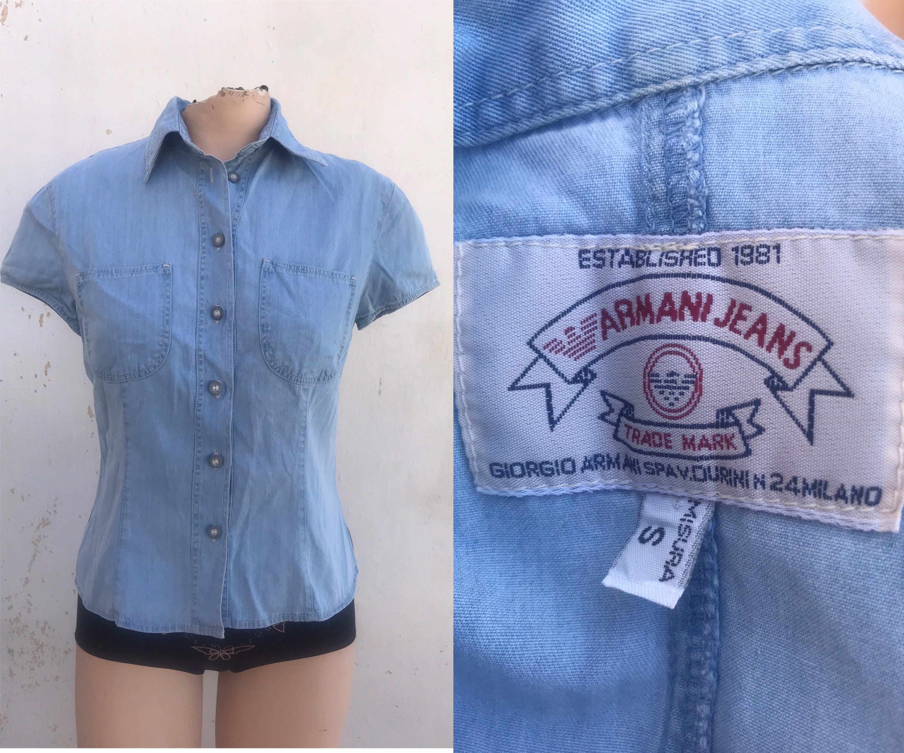 Armani Jeans Soft Light Blue Denim Buttoned Waisted Shirt Armani Jeans Soft Light Blue Denim Buttoned Waisted Shirt